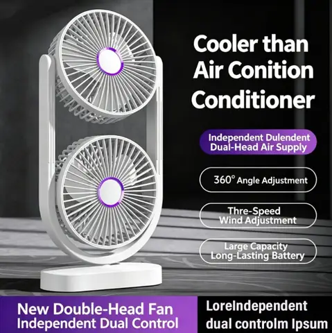 Dual Head Desk Independent Control Fan USB Rechargeable 3 Speed Adjustable 360° Airflow Low Noise Twin Turbo Fan For Office Home