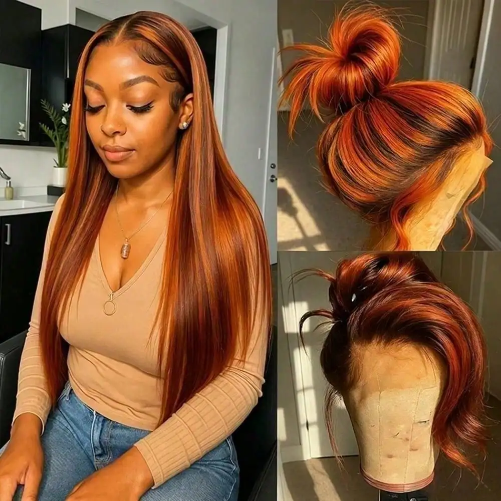 Highlight Ginger Orange 13x4 Bone Straight HD Transparent Lace Frontal Human Hair Wig Brazilian Hair For Women Brown With Orange Silky Straight Human Hair Wigs Natural Looking Straight Wig Pre Plucked With Baby Hair 200 Density