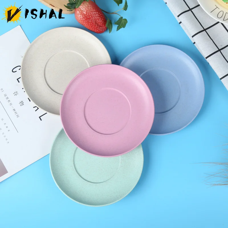 VISHAL Wheat Straw Dish Set Round Rice Plate Creative Home Anti Drop Bone Dish Plastic Fruit Plate Retro Wheat Tableware