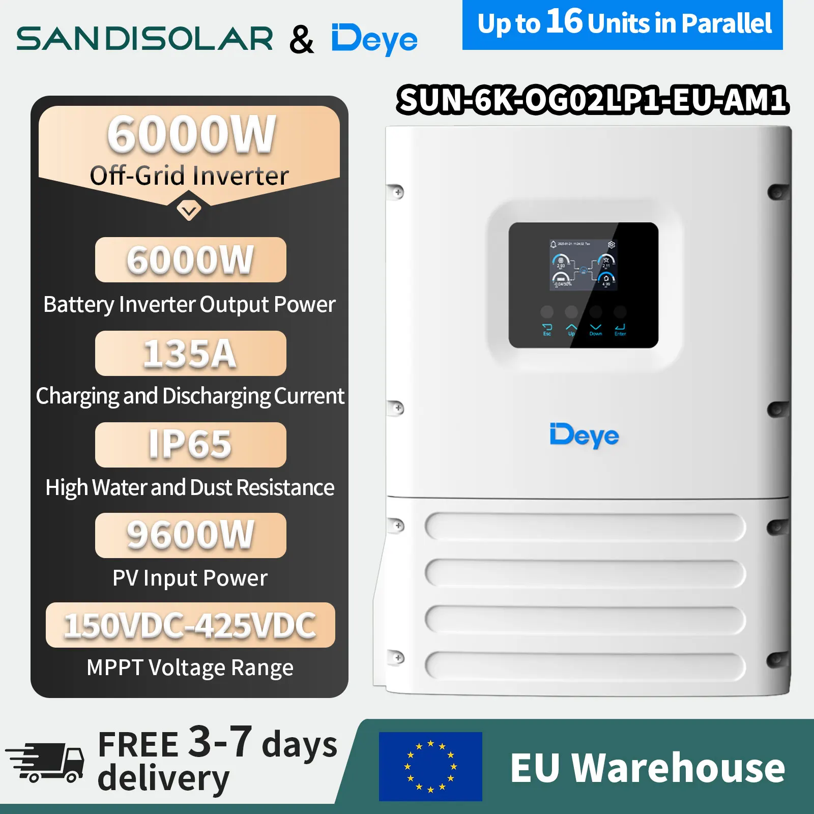 Deye 6000W Netzunabhängiger Solarwechselrichter Reine Sinuswelle IP65 135A 16 Parallel SUN-6K-OG02LP1-EU-AM1 MPPT 150-425VDC LCD-Touchscreen für Heimenergiespeicher EU-Lager Kostenloser Versand