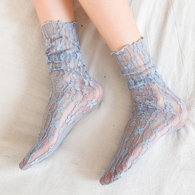 Women Sexy Lace Flower Fashion Ultra-thin Transparent Summer Japan Style Hollow Mesh Crew Socks Harajuku Retro Long Kawaii Socks