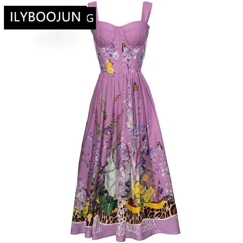 

Dresses For Women 2023 Luxury Brand High Quality Cotton Spaghetti Strap Vintage Animal Flower Print Purple Party Midi Dress