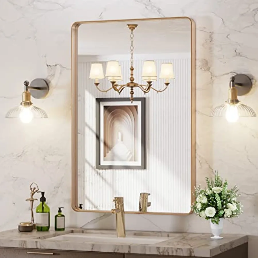 

24"X36" Bathroom Mirror, Rounded Rectangle Frame Mirror, Brushed Bathroom Vanity Mirror Wall-Mounted, Anti-Rust, Hangs Horizont