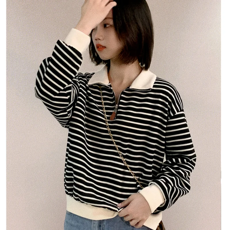 

Women's Clothing Korean Fashion Baggy The White Stripes Pullover Sweatshirt Zipper Lapel Raglan Sleeves Long Sleeves Pullover