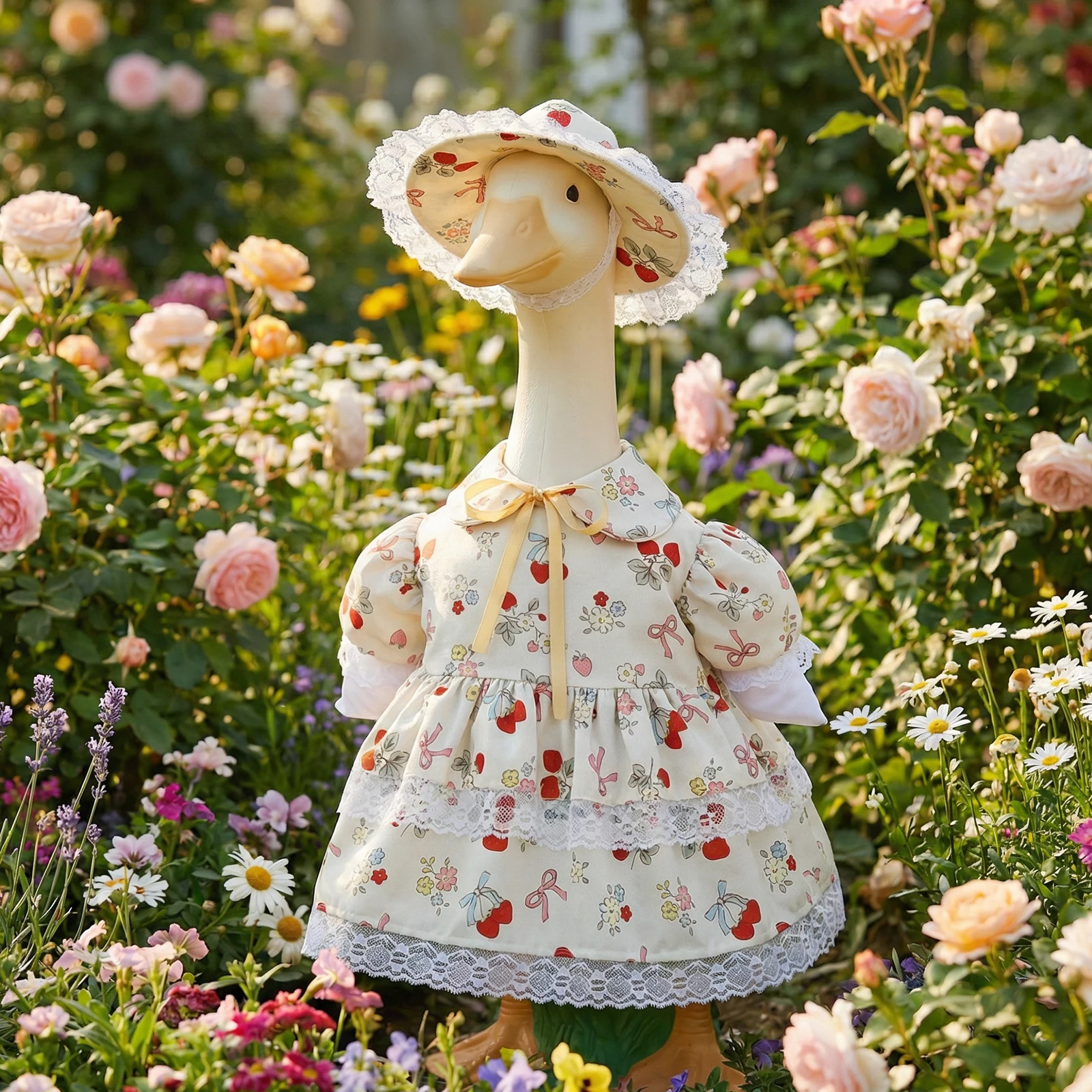 

Porch Goose Outfits for 23” Statues Spring Porch Goose Clothes with Strawberries and Flowers Print Outdoor Patio Yard Lawn Decor