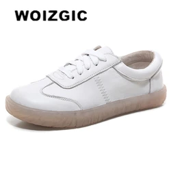 WOIZGIC Gril Women's Ladies Female Woman Genuine Leather White Vulcanized Shoes Flats Sneakers Platform Lace Up soft four season