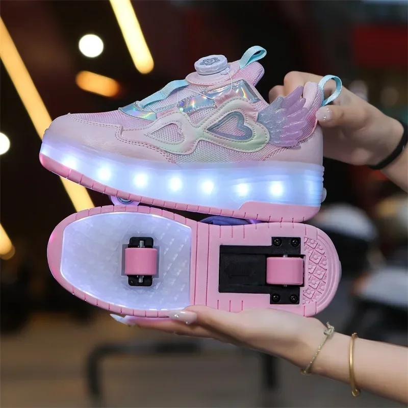 Walking shoes Girls shoes will shine skates New outdoor running pulley fashion children's sneakers Breathable mesh shoes