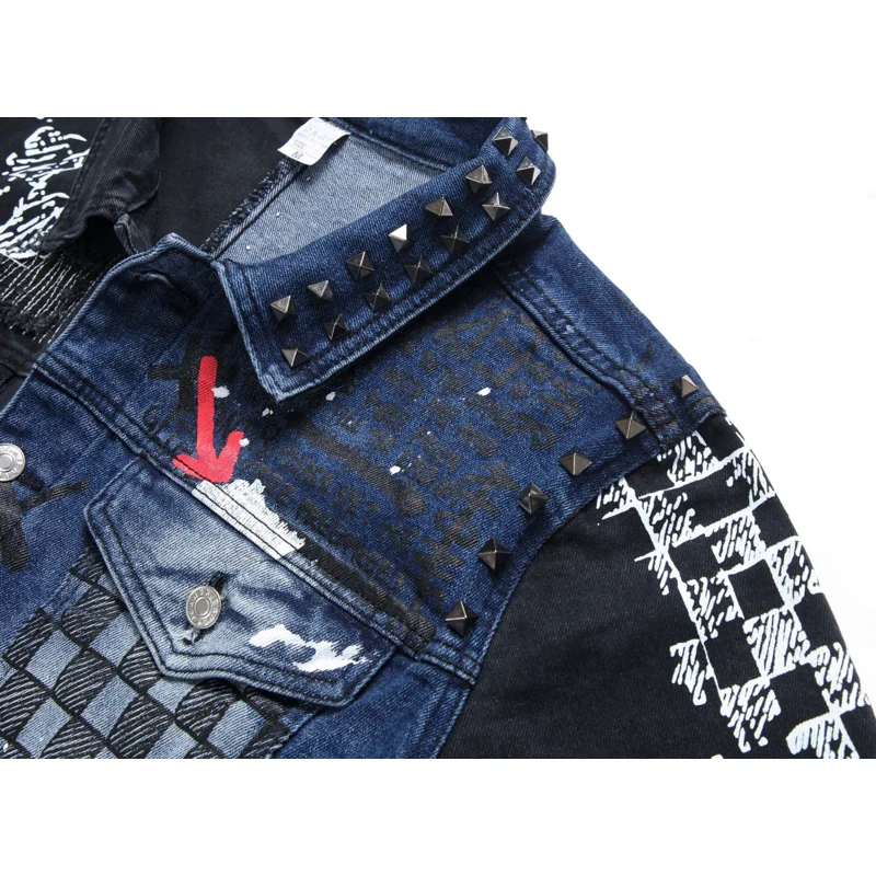 Y2K Street Graffiti Men\'s Denim Jacket High-end Fashion Personalized Spray Paint Printed Jacket Black Casual Loose Denim Top