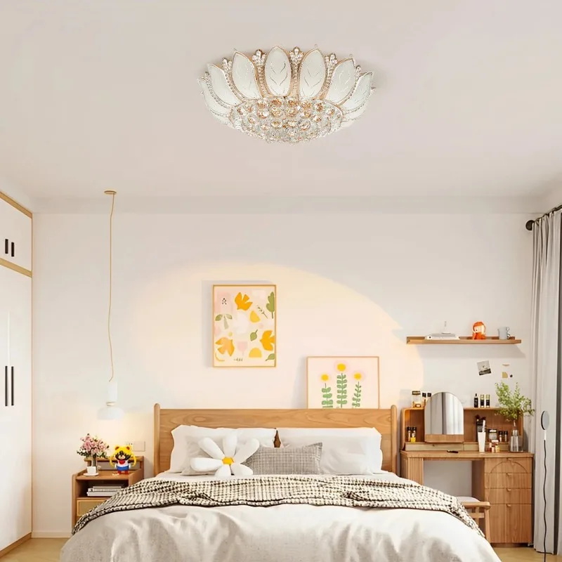 Modern Crystal Chandelier Dimmable Luxury Flush Mount LED Ceiling Lamp - Lotus Flower Shape Pendant Lighting Fixture 110V Gold