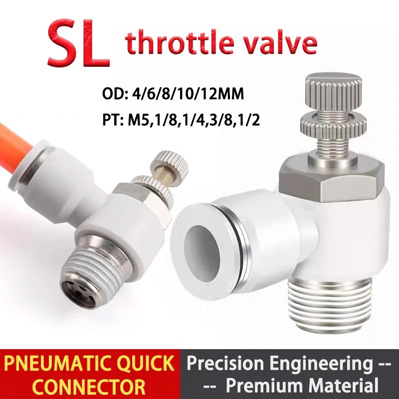 1pc SL Pneumatic Quick Connector Throttle Valve Male Thread M5 1/8 1/4 3/8 1/2 Pipe 4mm 6mm 8mm 10mm 12mm PU Hose Connector