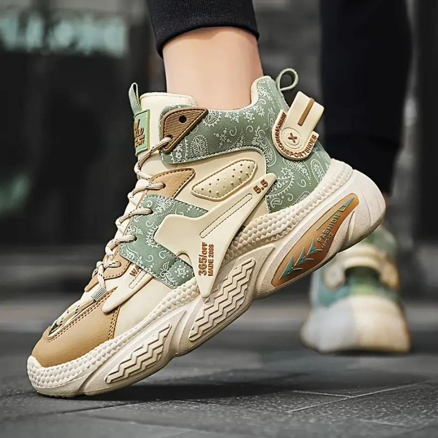 K806 Mid-Top Basketball Sneakers - Retro Streetwear Sneakers with Breathable Upper Cushioned PVC Sole and Youth Color Block //G