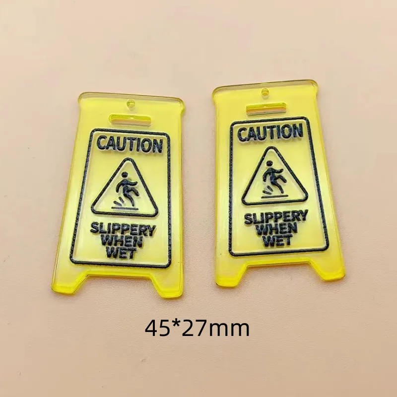 10pcs Caution Slippery When Wet Sign  Acrylic Pendants for DIY Earrings and Keychains, Jewelry Making Charms and Accessories