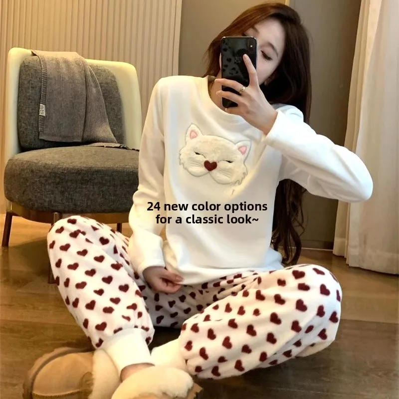 Warm Fleece Pajama Set Women's Home Clothes Sleepwear Autumn Winter Long Sleeve round Neck Floral Print Thermal Pyjamas
