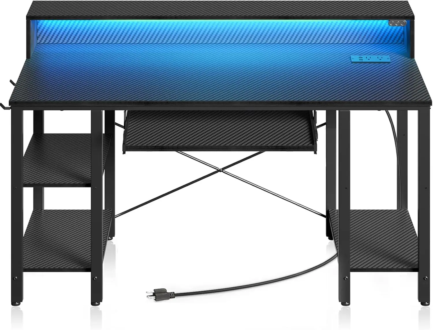 Rolanstar Computer Desk with LED Lights & Power Outlets, 54” Gaming Desk with Storage Shelves, Home Office Desk