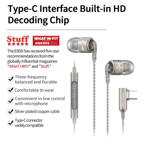 Imagen 2 del producto SoundMAGIC-auriculares digitales E80D con USB tipo C, cascos con cable y micrófono, HiFi estéreo, con aislamiento de ruido y graves potentes