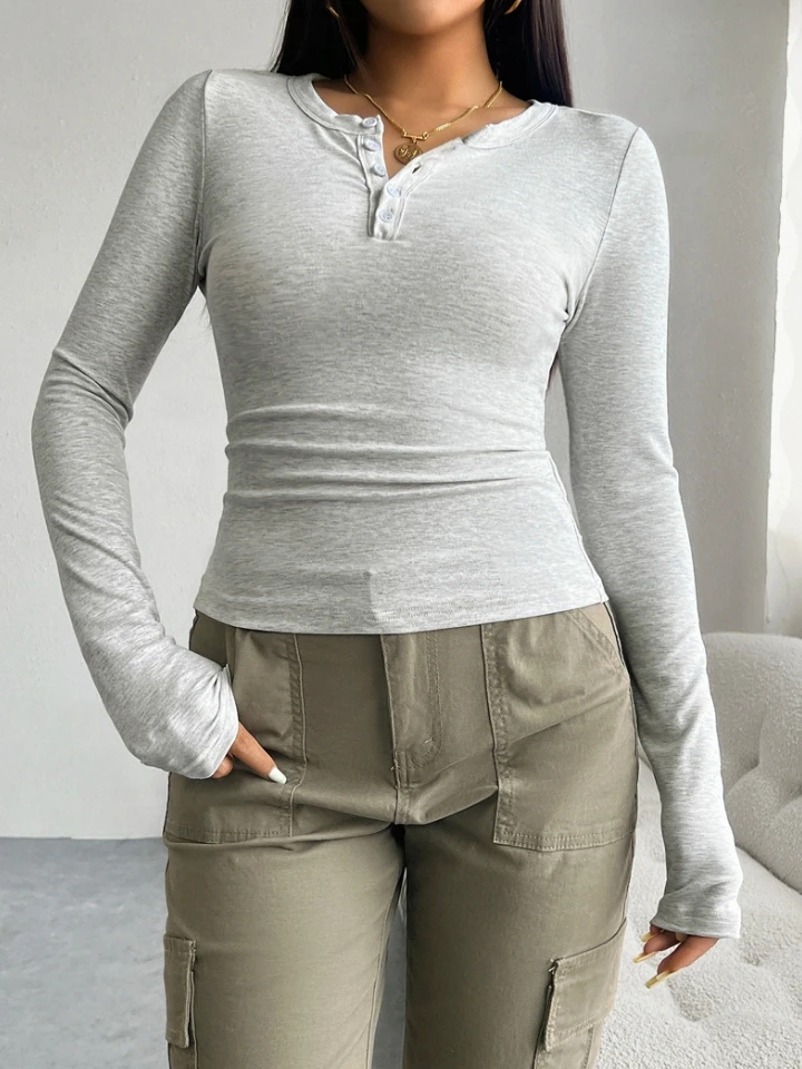 

Women's Clothing Tee Top Elegant Y2K Spring and Summer Street Casual Solid Color V-neck Button Design Long Sleeve Skinny Top