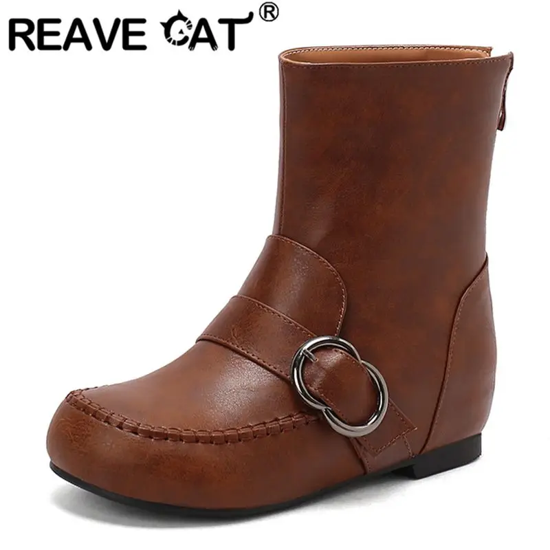 

REAVE CAT Vintage Women Mid Calf Boots Round Toe 3.5cm Increased Heel Zipper Belt Buckle Large Size 43 44 45 Casual Daily Bota