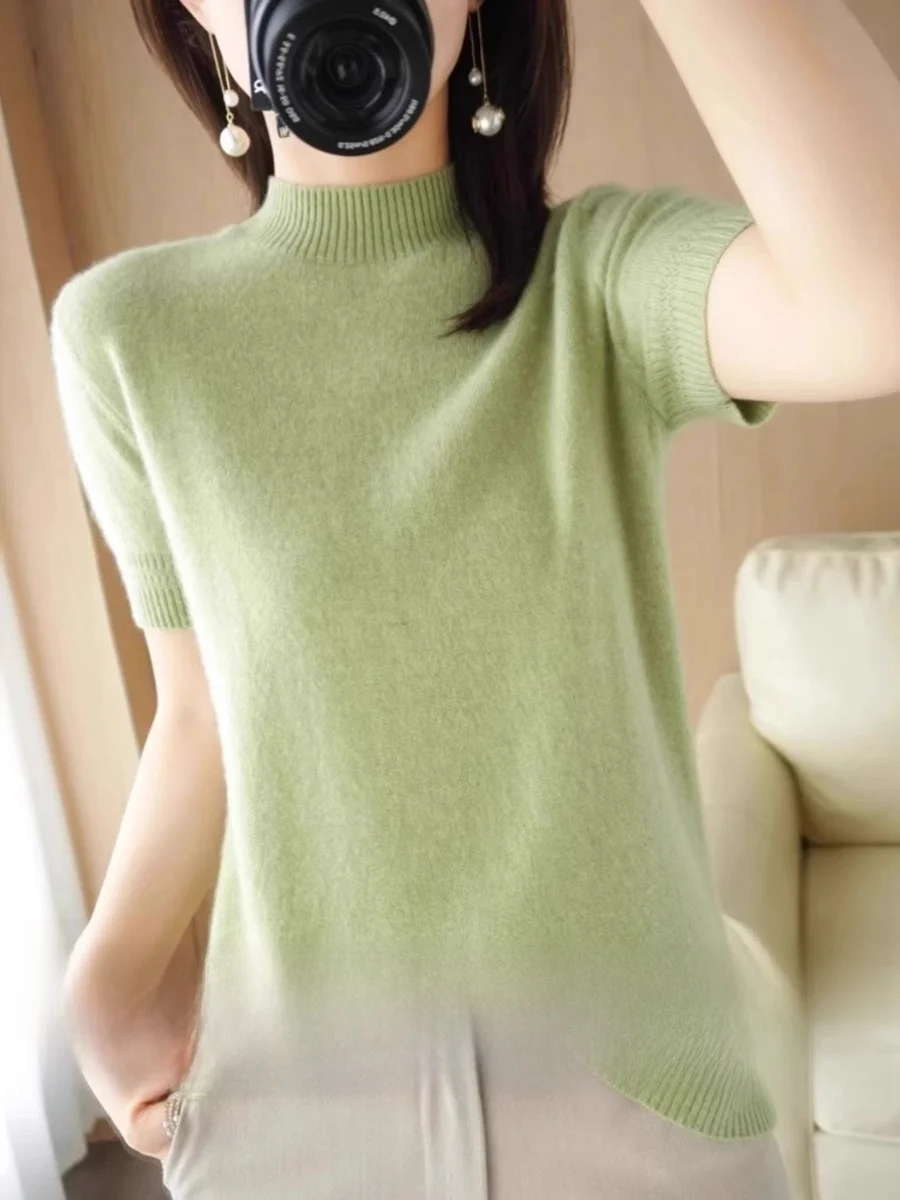 Women's Cashmere Knitted Short Sleeve Top Half High Collar Woolen Base Shirt Trendy Inner Wear Spring Fashion Simple Style