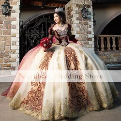 Luxury Ball Gown Quinceanera Dresses With Jacket 2022 Gold Burgundy Beads Long Formal Prom Party Gowns for Girl Sweet 16