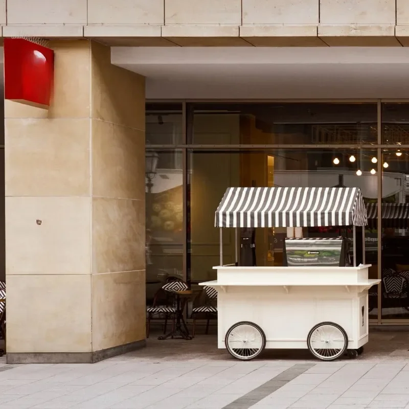 Shopping mall beauty food milk tea coffee cart white mobile dining car stall car white striped awning float display stand