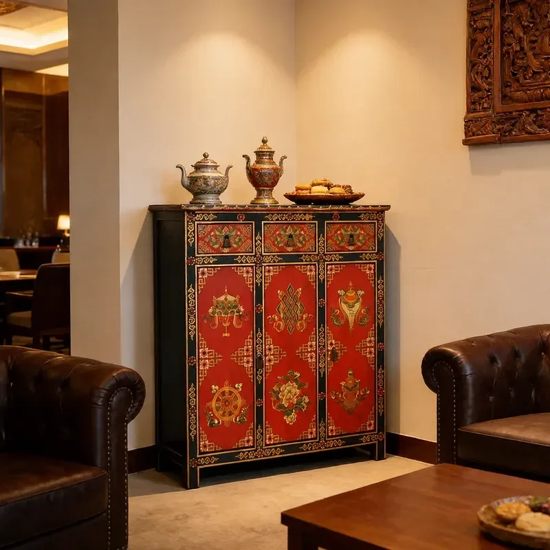 Chinese Retro Eight Treasures Solid Wood Cabinet Hand Painted Storage Sideboard for Porch Corridor Dining Room Decorative