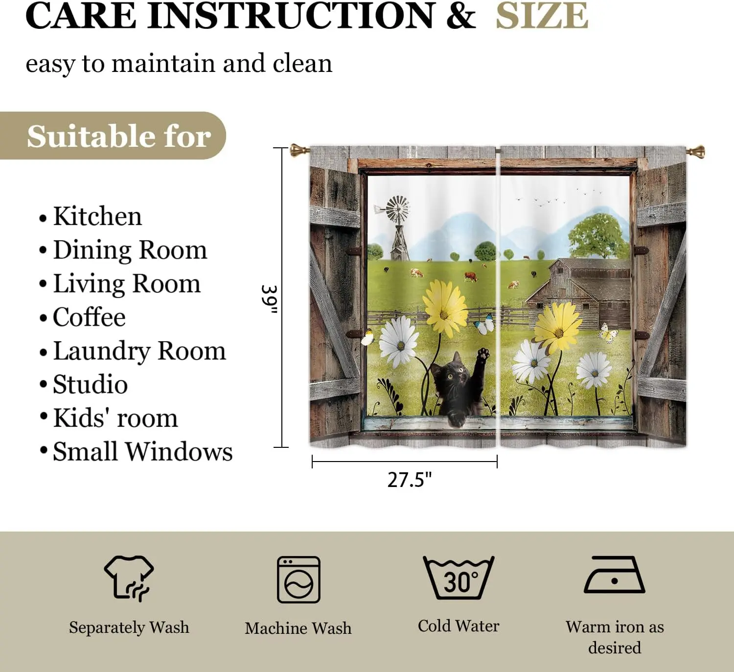 Rustic Barn Window Rod Pocket Curtain Cute Black Cat Daisy Butterfly Farm Windmill Cow Print Country Farmhouse Kitchen Home
