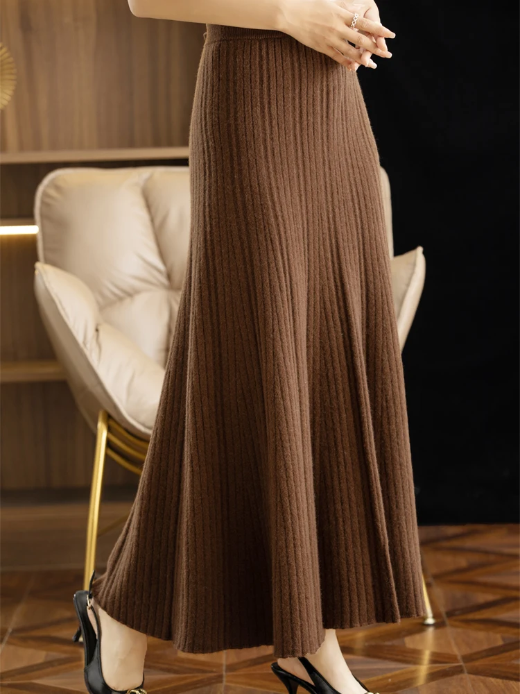 Elegant ผู้หญิงจีบกระโปรง 100% Merino ขนสัตว์กระโปรง A-Line กระโปรงยาวนุ่มฤดูใบไม้ร่วงฤดูหนาว Slim Elastic เอวสํานักงาน