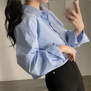 Tops of Long Sleeve of Women's Divided button, casual white shirt, Korean style blouse, monochrome party clothes, new, spring 10 Main Sales Crop Shirt - №5