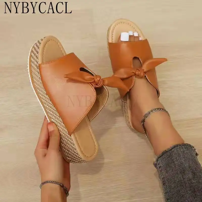 

2022 Women Bow Square Heels Slippers Female Simplicity Peep Toe Elegant Shoes Ladies Fashion Leisure Summer Footwear Big Size