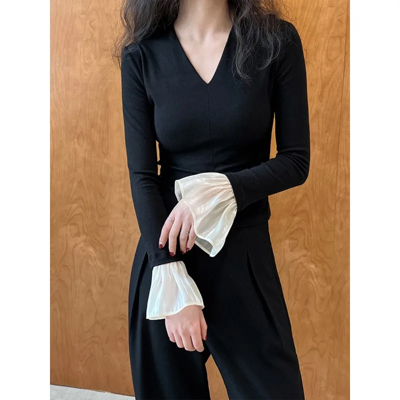 Contrast Flare Long Sleeve Ropa Mujer Feminino Sexy V-neck Roupas Bottomed Tops Spring 2024 Clothes Women Elegant Camisetas