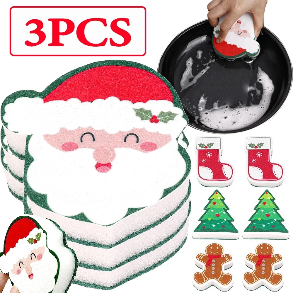 Cleaning Sponge Rubs Santa Claus Dish Brush Wood Pulp Cotton Wipe Christmas Shape Dishcloth Kitchen Bathroom Cleaning Supplies