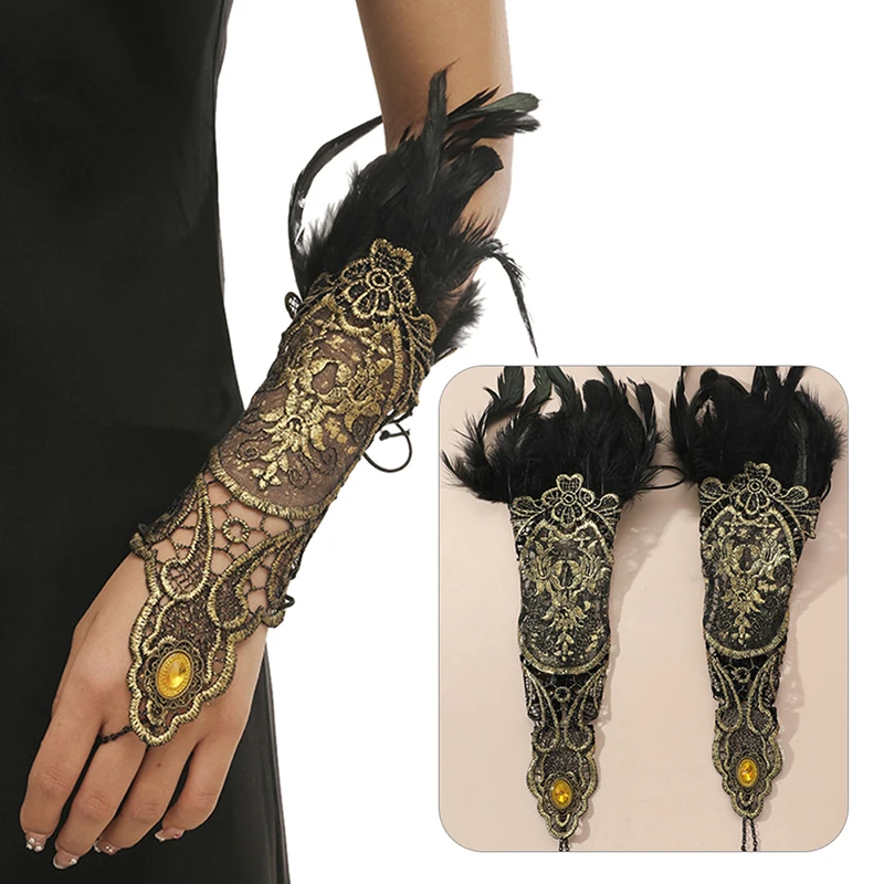 Gants sans doigts gothiques en dentelle dorée pour femmes, bracelet long en plumes, gants en résille exagérés, accessoires de fête sexy