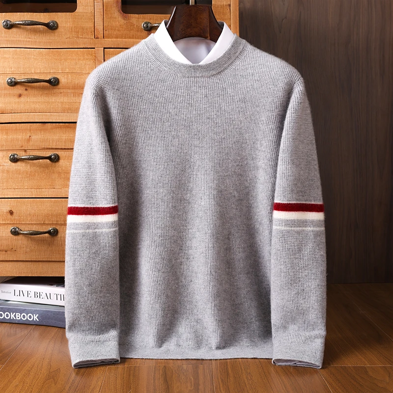 100% Cashmere Sweater Men's Autumn Winter New Round Neck Knit Pullover High-end Thickened Color Block Jumper Men's Clothing Warm
