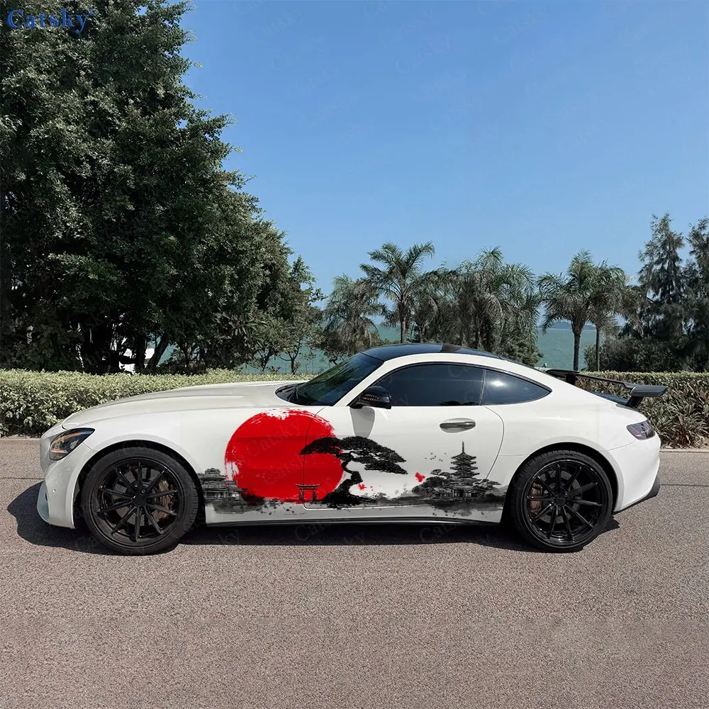 2Pcs Red Sun Pine Tower Silhouette Car Side Wraps, Self-Adhesive PVC Waterproof & Scratch-Resistant Stickers, Car Accessory Gift