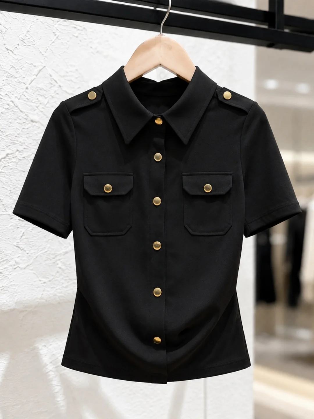 Summer Ice Silk Knitted  Shirt Women's Slim Fit Single Button Stylish Unique Korean Version Commute Pure Color Short Sleeve