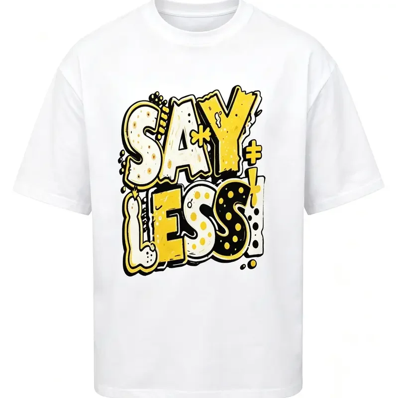 Men's Hip Hop Graffiti Graphic T-Shirt, Say Less Doodle Typography Letter Print Round Neck Short Sleeve Tee, White Regular Fit Soft Urban Streetwear Top