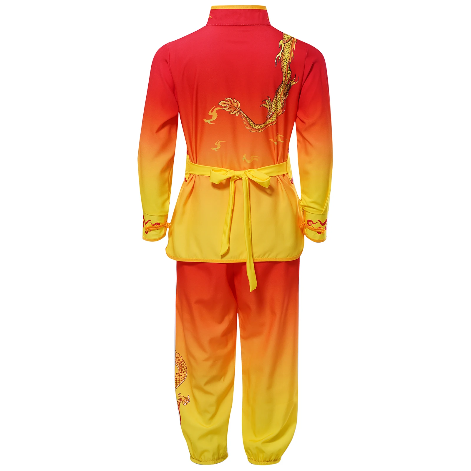 Kids Boys Girls Kung Fu Suit Dragon Print Martial Arts Performance Costume Short Sleeve Knot Buttons Tops with Pants Belt Cuffs