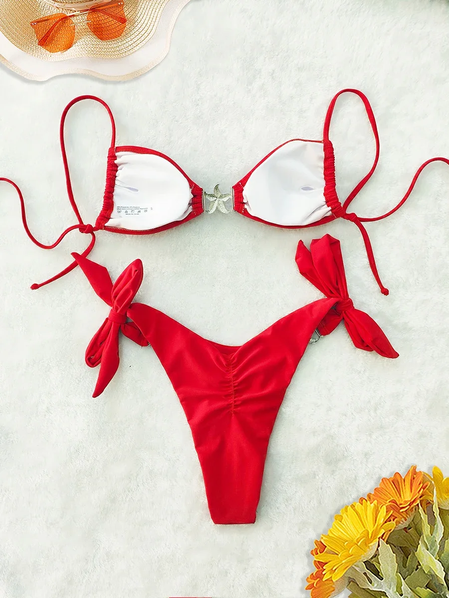 Sexy Push Up Low Waisted Bikini Set Swimsuit 2025 New Female Swimwear Women Strappy Solid Red Beachwear Bathing Suits biquini