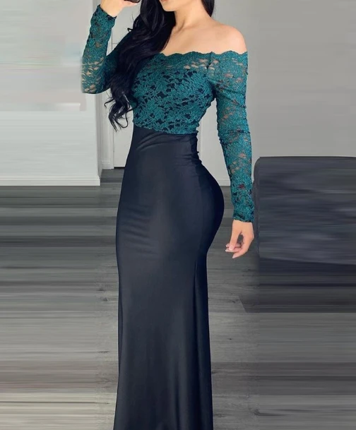 Solid Color Temperament, One Shoulder Lace Long Sleeved Tight Fitting Long Style, Hip Hugging Skirt, Black Fishtail Skirt Set