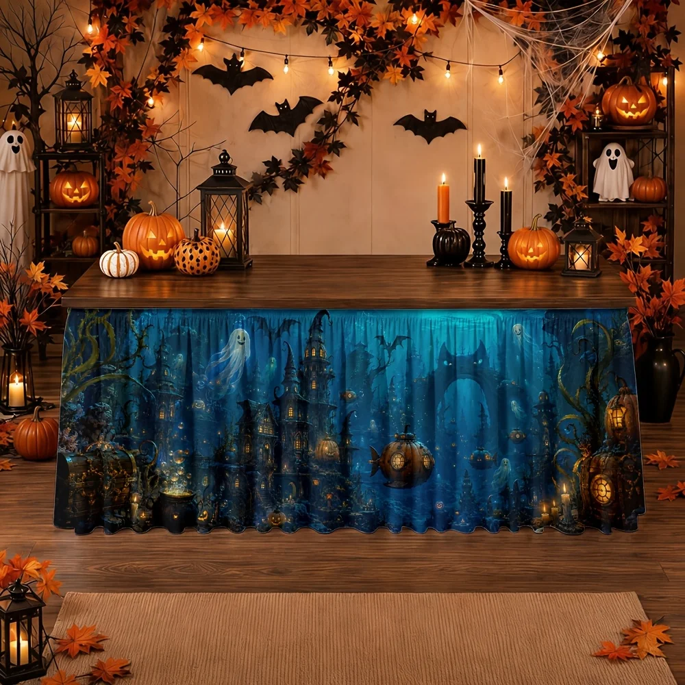 Halloween table skirt, polyester, ghost, fantasy, gothic, mysterious, ghost house, cemetery, pumpkin lanternzyc