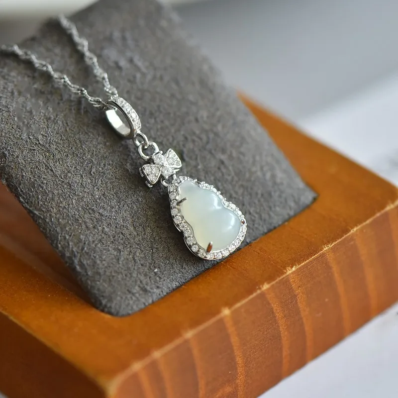 S925 Silver Inlaid With Hetian Jade Gourd Pendant, Jade Necklace, White Jade Wealth And Safety