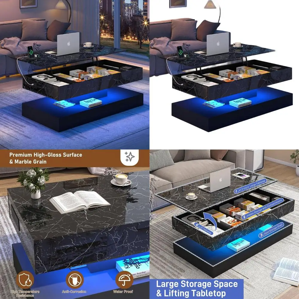 

Современный журнальный столик с подъемным верхом со светодиодной подсветкой, зарядным портом и местом для хранения, глянцевый черный цвет с мраморным принтом