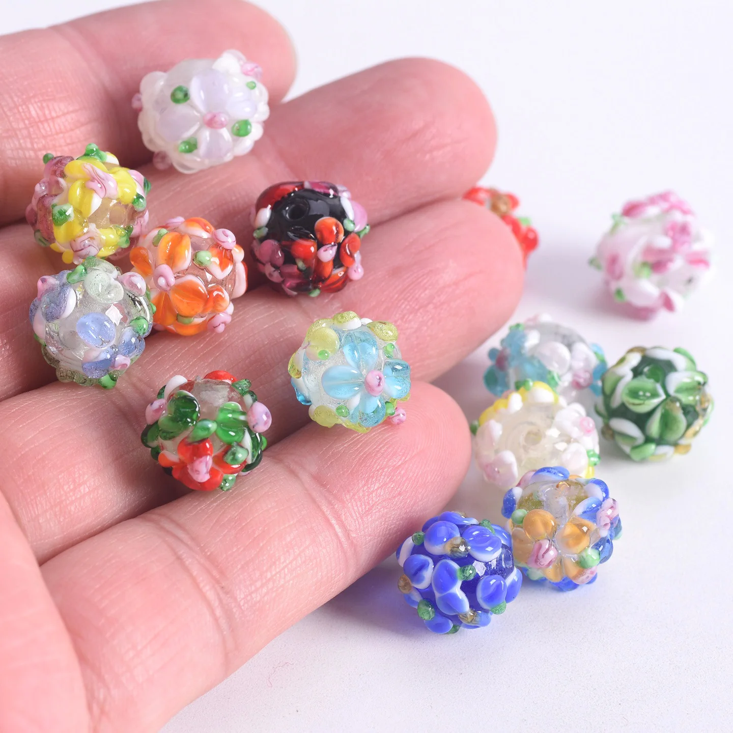 5pcs 12mm Round Charms Flower Petals Handmade Lampwork Glass Loose Beads for Jewelry Making DIY Crafts Findings