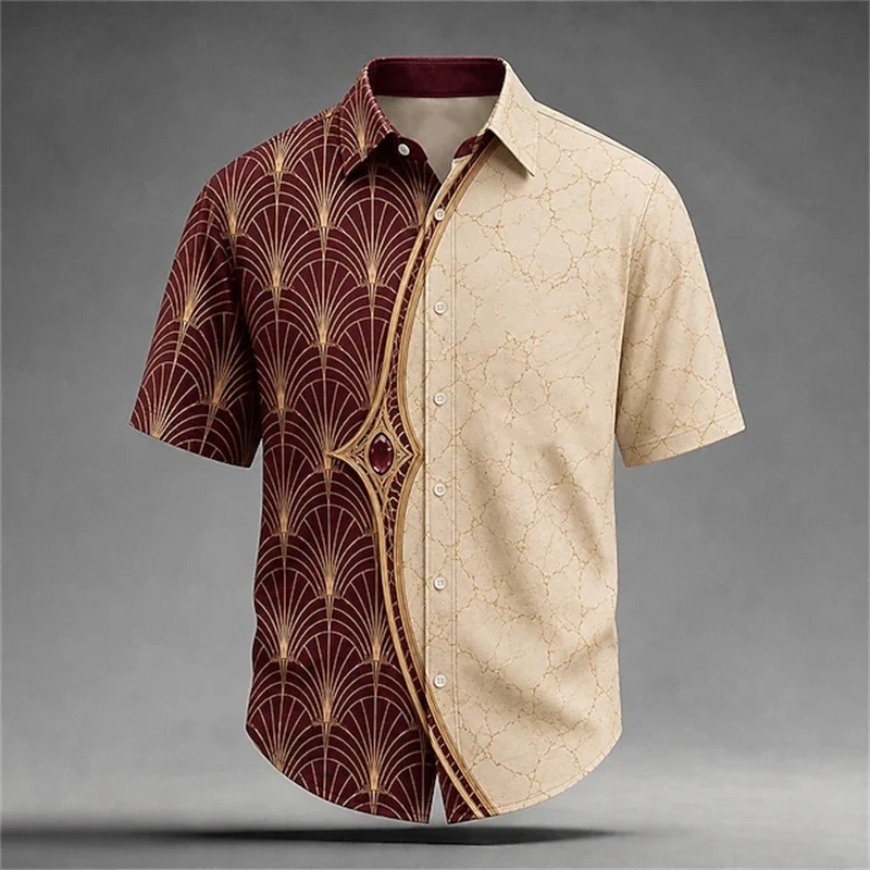 Men's Casual Retro-Print Short-Sleeve Shirt Fashionable Loose-Fit Collared Button-Down Shirt T-Shirt Simple Men's Top