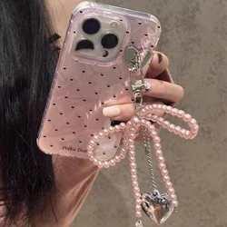 Pink Delicate Beaded Key Chain Handmade Bow Shaped Keyring Heart Keychain Ornament Pearl Decoration for Bags and Phones