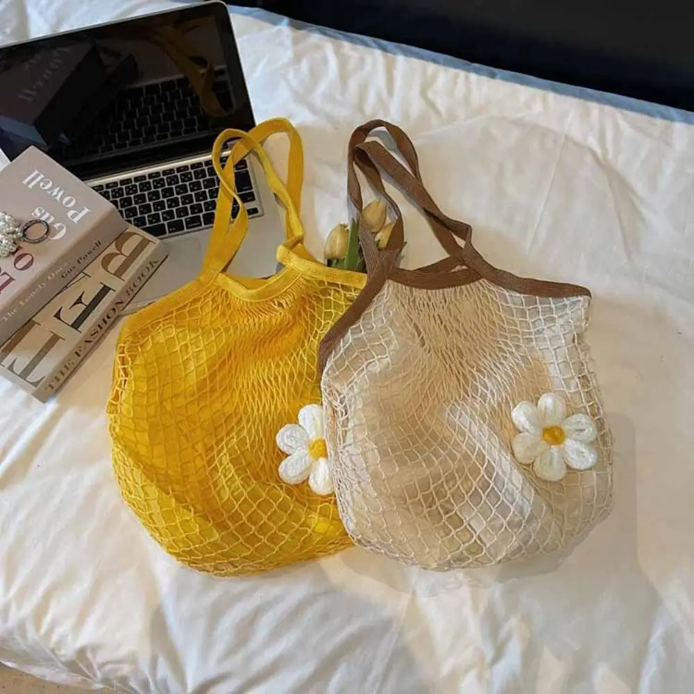 حقيبة كتف منسوجة مجوفة من البوليستر بجيوب على الطراز الكوري وحقائب يد شبكية على شكل زهرة تغطي الحواف بسعة كبيرة