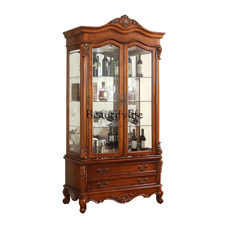 American-Style Solid Wood Single and Double Door Wine Cabinet Living Room European-Style Carved Two-Door Display Wine Cabinet