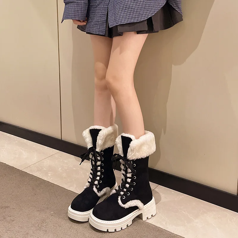 

Thicken Plush Snow Boots for Women Winter Faux Fur Thick Sole Ankle Boots Mid-calf Lace-up Thickened With Fleece Cotton Shoes