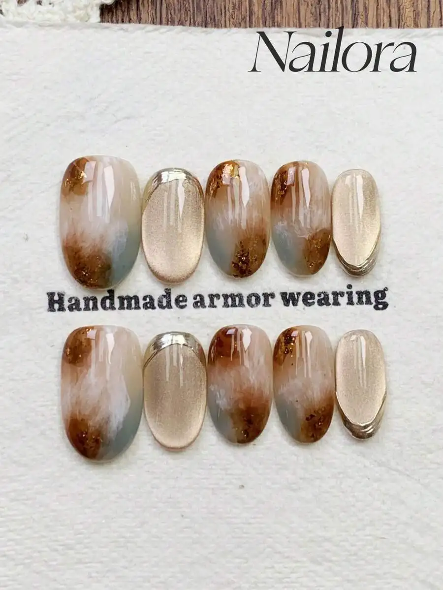 

10pcs handmade oval press-on nails for short nails—beige tie-dye gradient, pink glitter metallic lines, cat eye shimmer, elegant