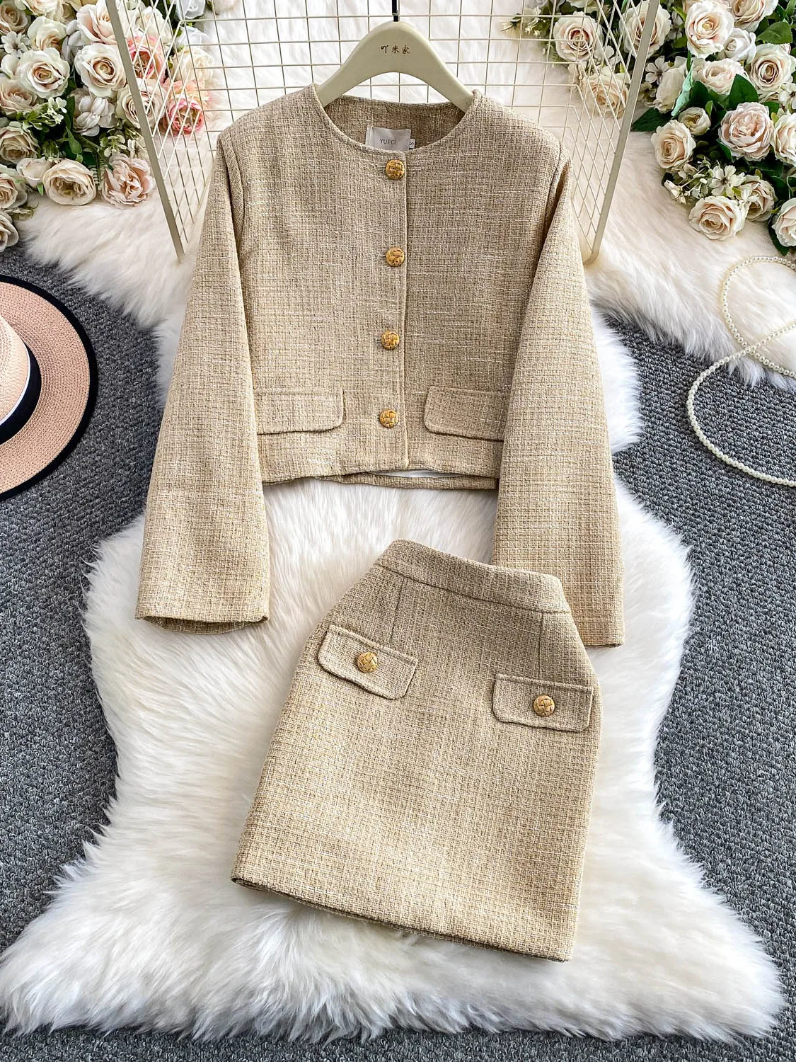 Women Winter Fall Fragrant Tweed Round Neck Jacket High Waist Hip-Wrapped Short Skirt Luxury Celebrity Two-Piece Set
